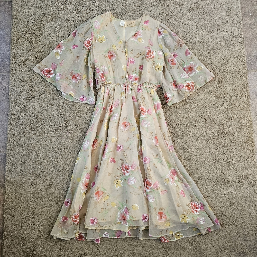 Vintage Romantic Cottagecore Wide Sleeve Floral Midi Dress By Steven J Levin